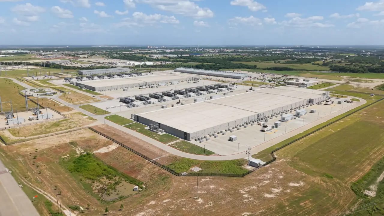 An aerial view of a data center campus and its electrical infrastructure
